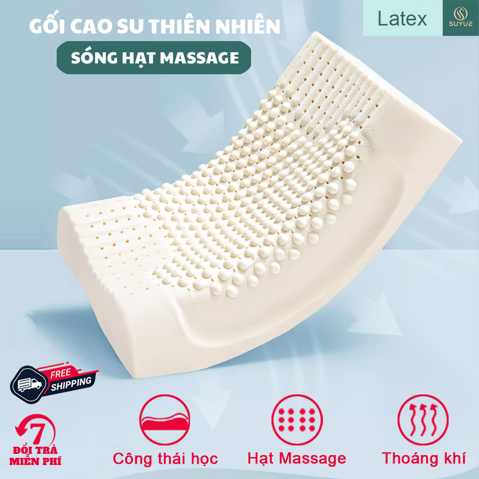 Gối cao su thiên nhiên sóng massage 40x60x12cm mềm mại giảm thiểu đau nhức cổ vai gáy khi ngủ